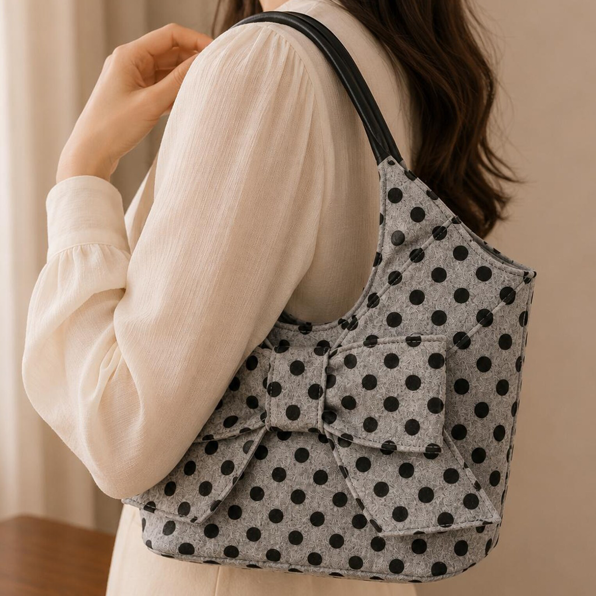 Light Pale Grey Even Dark Polka Dot Soft Curved Shoulder Tote With Oversized Layered Front Bow And Smooth Dark Oval Carry Grips